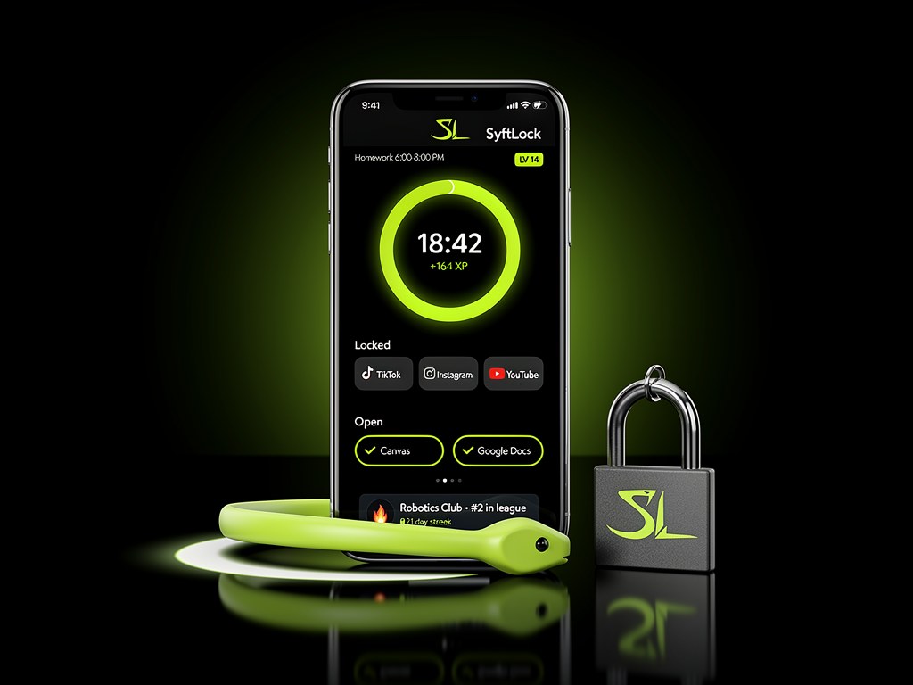 SyftLock app on a phone with the lime Wrap snake bracelet and the SL padlock keychain